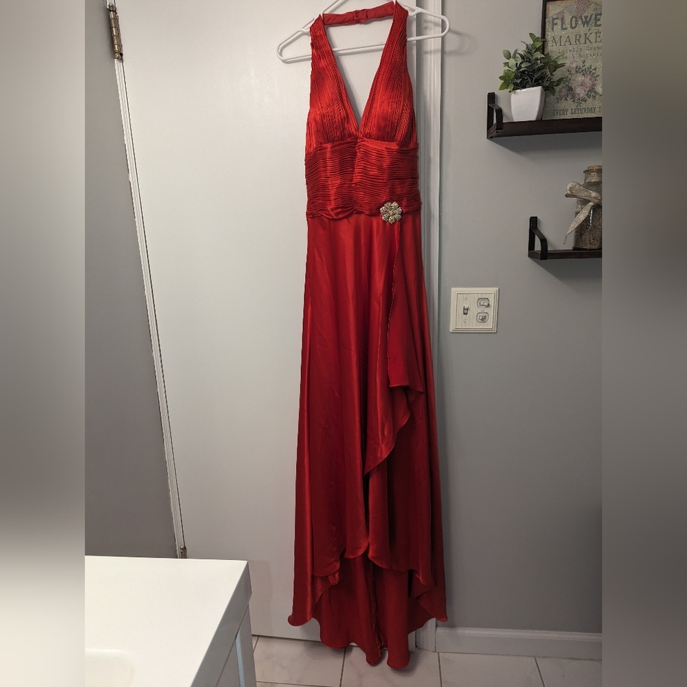 Red Halter Formal Maxi High Low Dress